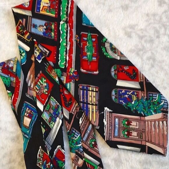 VTG 90s Nicole Miller Christmas In The City Print Hand Sewn Silk Neck Tie - Picture 6 of 14